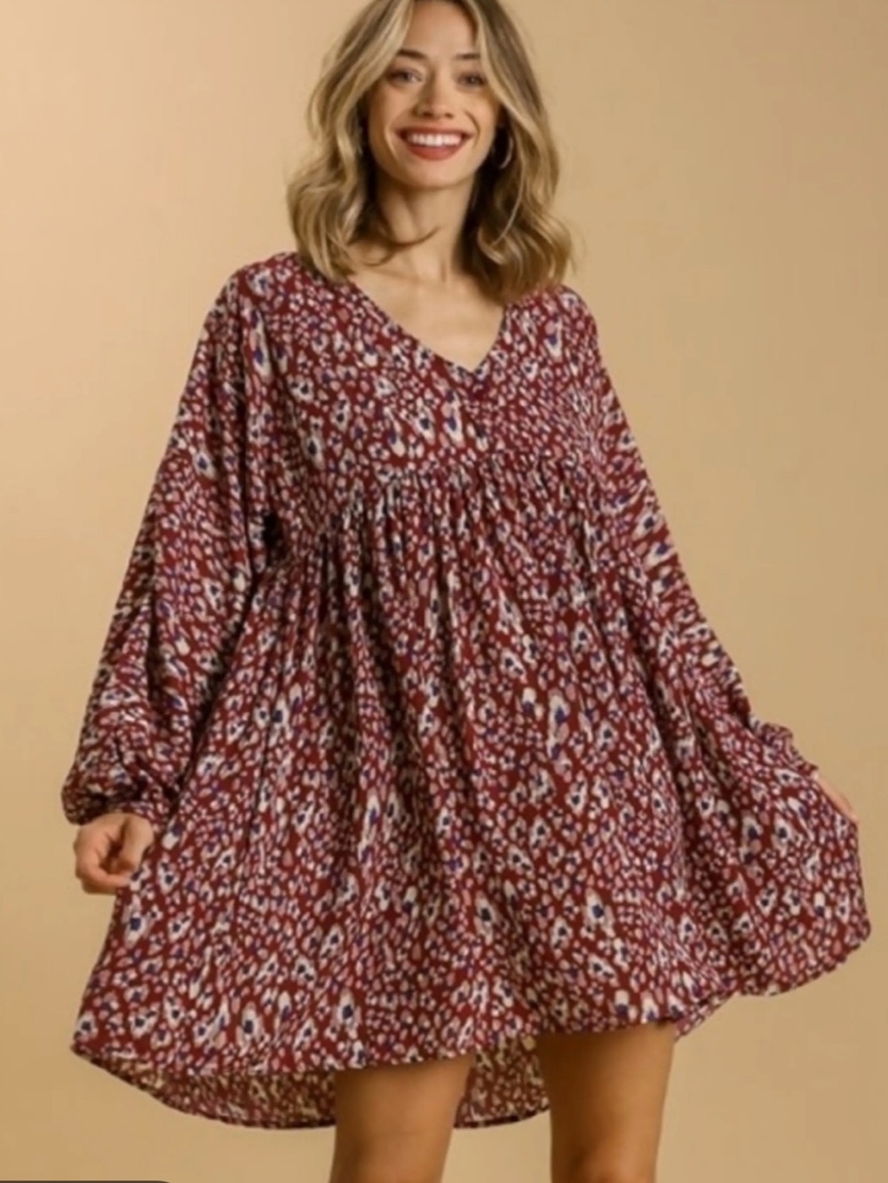 UMGEE + Maroon Abstract Print Babydoll Dress
